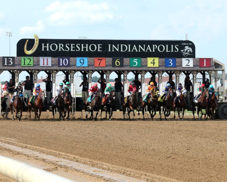Horses break from the starting gate at Horseshoe Indianapolis