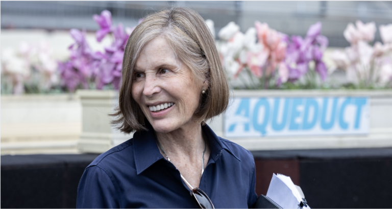 Linda Rice at Aqueduct Racetrack after topping the final Belmont at the Big A trainer standings. Image: NYRA